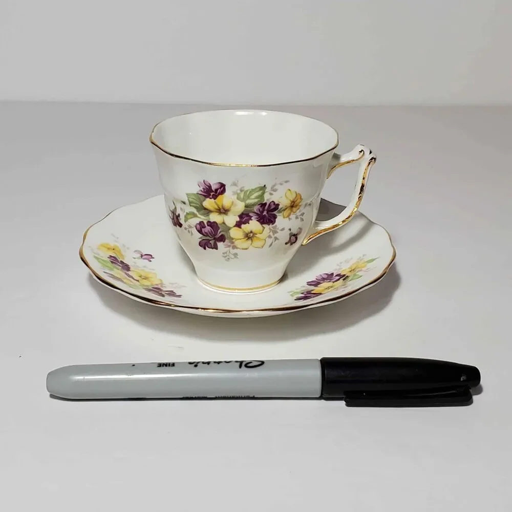 Old Royal Demitasse (Small) Teacup and Saucer Purple Yellow Flowers Vintage